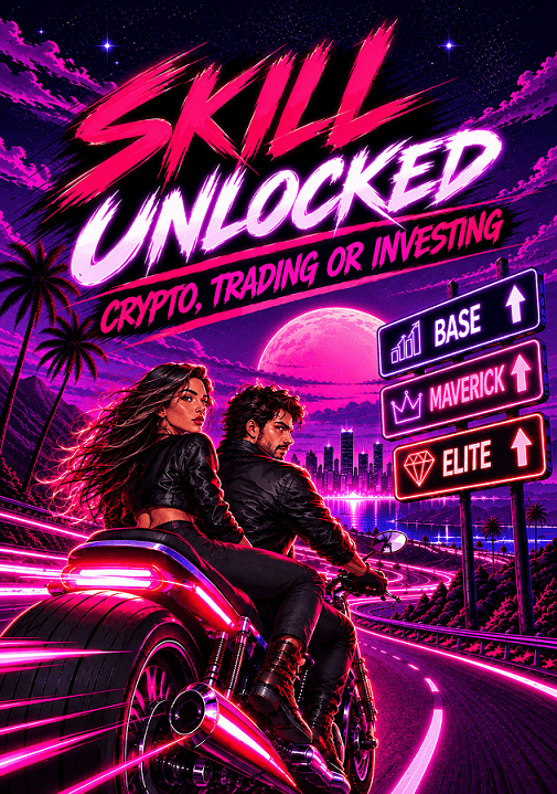 Retro neon illustration of a student exploring cryptocurrency charts