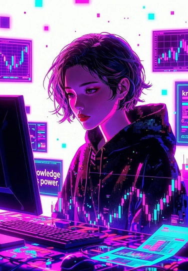 Retro neon illustration of a student exploring cryptocurrency charts